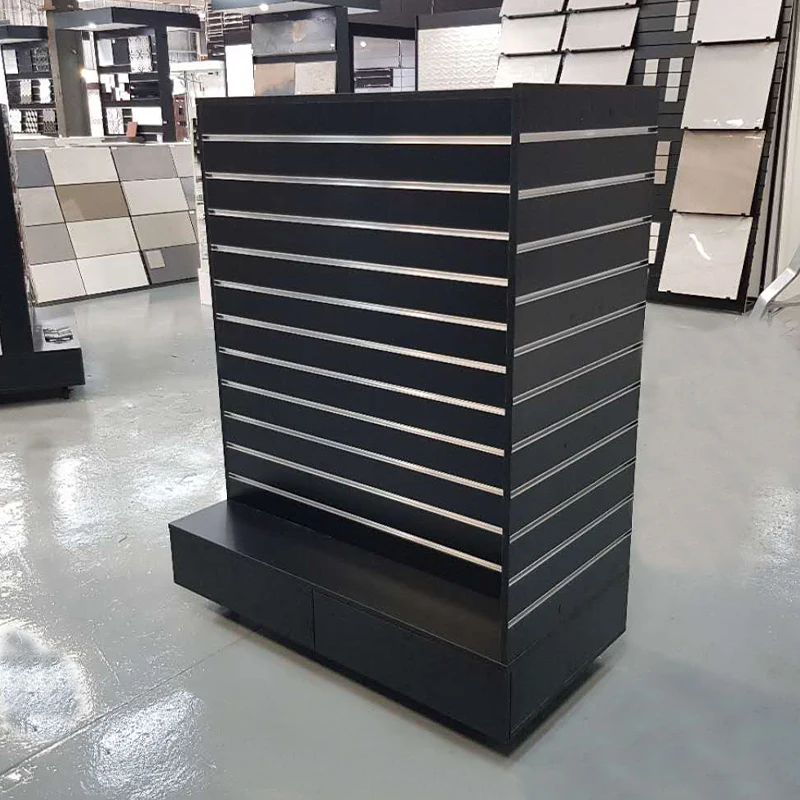 4 Side Retail Shop Revolving Slatwall Tower for Retail Store Display New Design Wooden Rotating Slat Wall Panel Cube With Castor