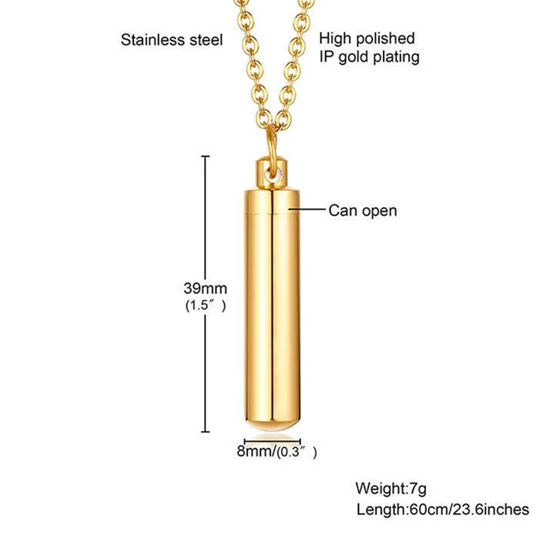 5 color Cylinder Cremation Urn Necklace for Ashes Memorial Keepsake Pendant Stainless Steel Remembrance Jewelry for Women or Men
