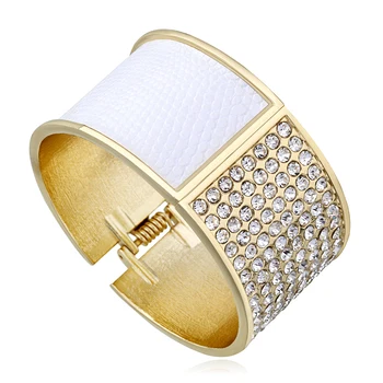 KAYMEN Wholesale New Gold-Plated Luxury Rhinestones Zinc Alloy Women's Cuff Bracelet Statement Leather Bangle Jewelry