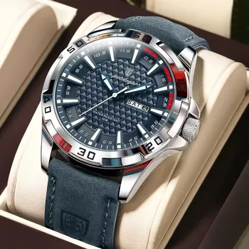 POEDAGAR Men's Top Luxury Quartz Sport Watch Waterproof Luminous Calendar Week Display 22mm Leather Alloy Wristwatch for