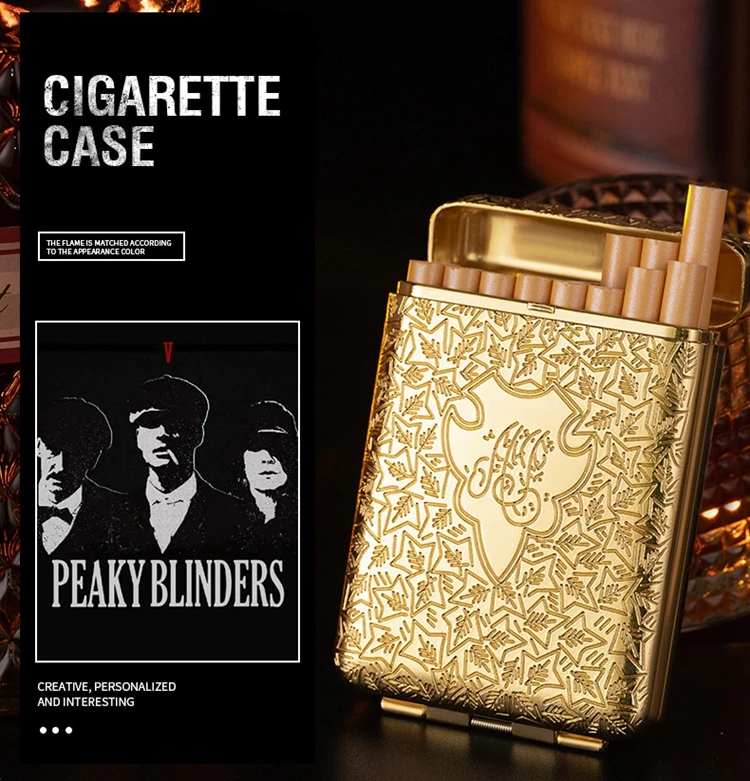 KY Factory Customized Engraved Thomas Shelby Luxury Gold Blank Metal  Classic Smoking Cigarette Box with Usb Lighter
