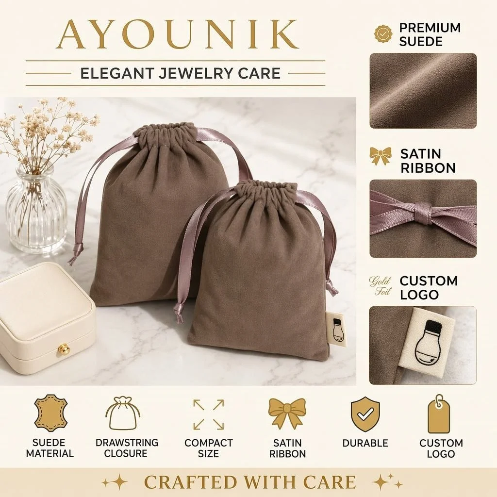 Suede Velvet Drawstring Jewelry Perfume Pouch High End Brown Velvet Gift Packaging Drawstring Bag