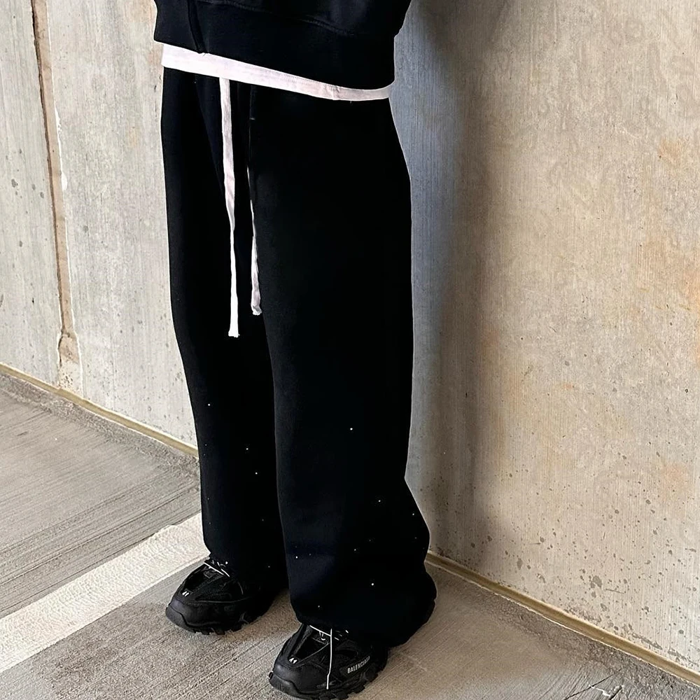 New Arrival Distressed Vintage Washed Track Jogger Pants Custom Rhinestone Men Heavyweight Cotton Wide Leg Sweatpants