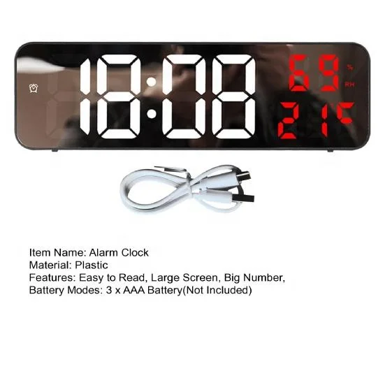 LED Mirror Digital Alarm Clock Electronic Temperature Wall Table Snooze Clock USB Watch Nightlight Home Office Smart Alarm Clock