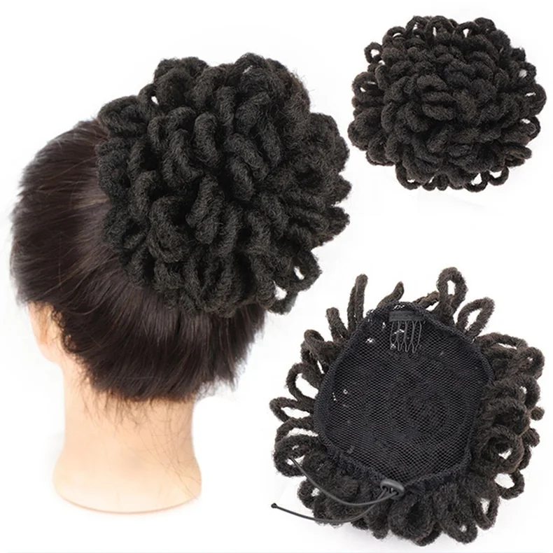 New Arrival Afro Puff Dreadlocks Drawstring Ponytail Short Clip in Hair Extensions Afro Puff Hair Bun Faux Dread Locs
