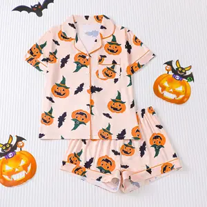 Custom Halloween Ladies Short-sleeved Suit Four-season Pajamas Cardigan Loose Collar Loungewear Set