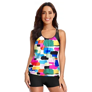 2026 New Retro Print Women's Custom Two-Piece Tankini Swimwear Conservative Split Boxer with Front Logo Women's Swimwear