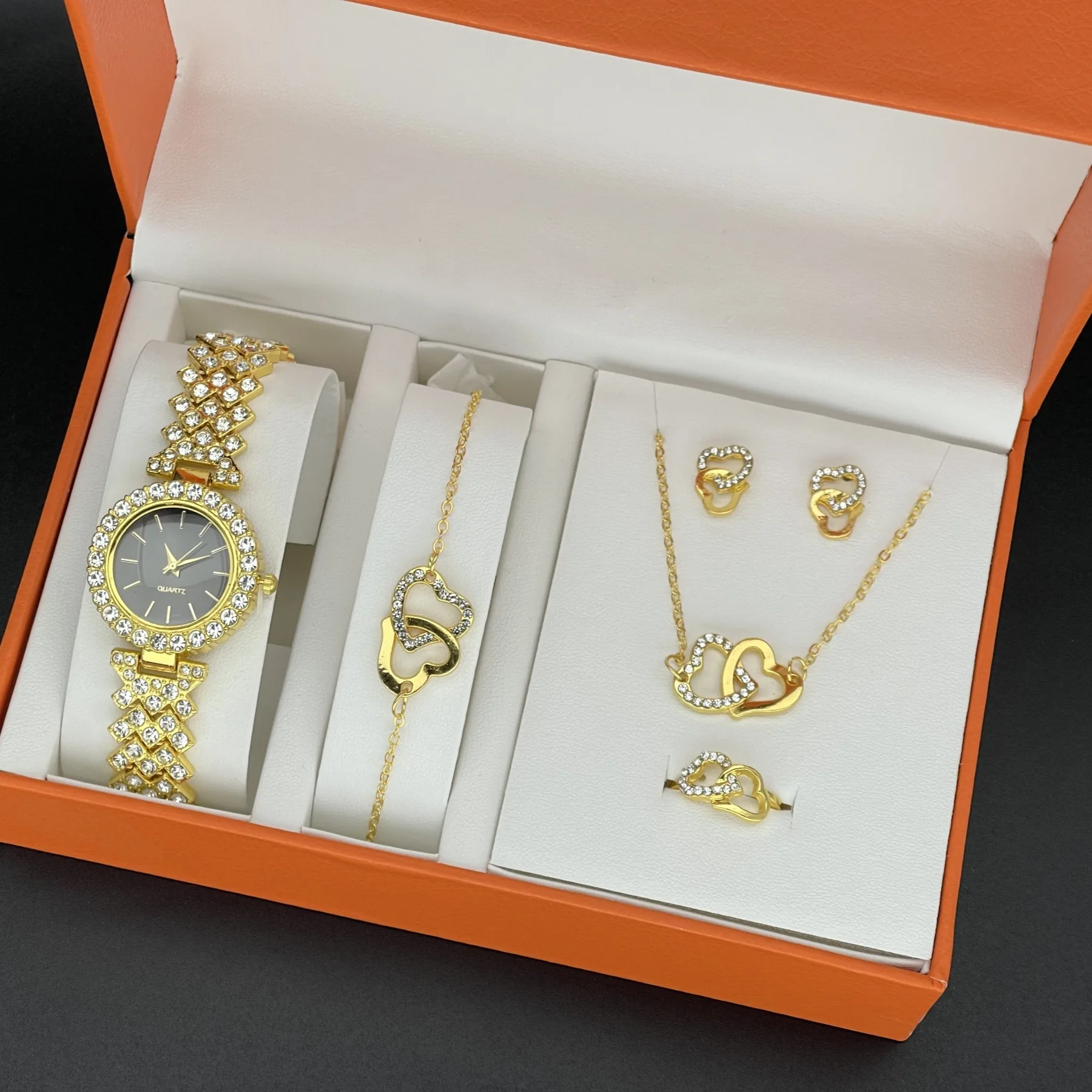 6PCS Set Luxury Watch Women Ring Necklace Earring Rhinestone Wristwatch  Casual Ladies Bracelet Watches