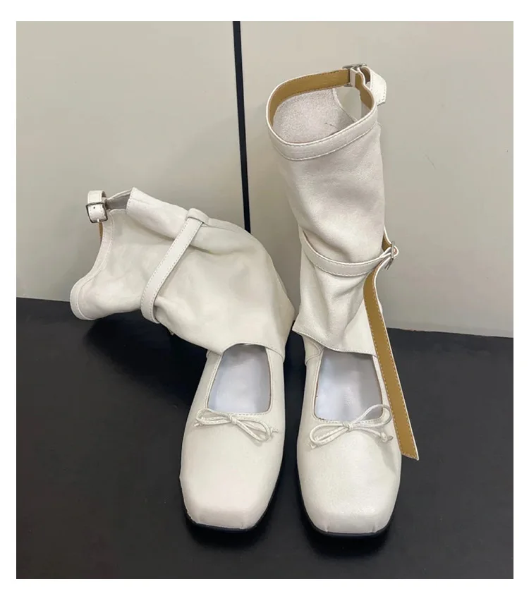 Ladies Square Toe Flat Heel With Bowknot Strap Mary Jane Flat Shoes Ballet Style Women Ankle Boots - Image 2