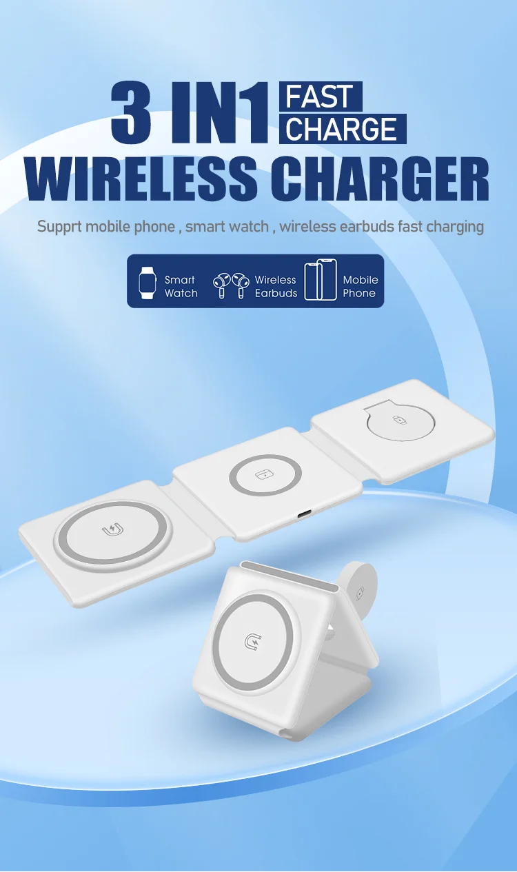 Custom 3 In 1 Desk Fast Wireless Charger Magnetic Foldable Charging Qi ...