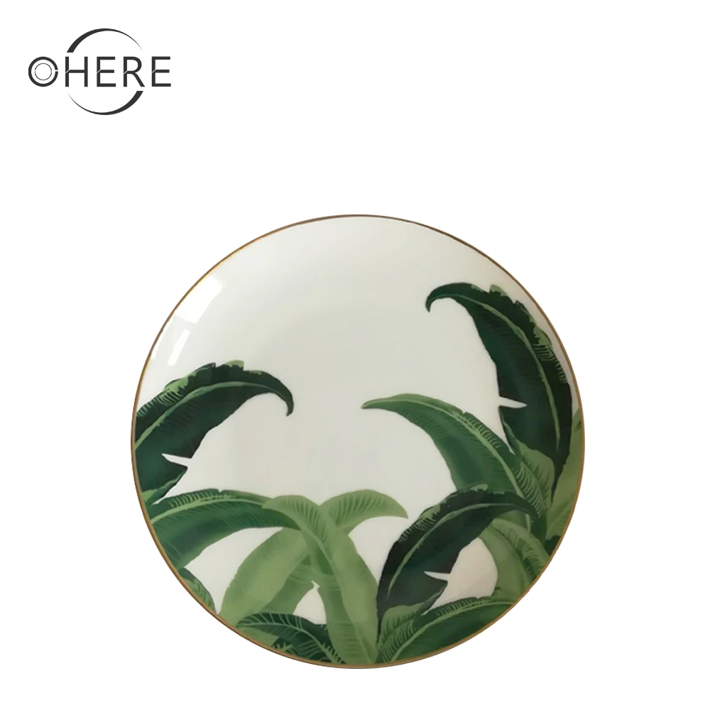 Профессиональные свадебные фарфоровые тарелки Ohere в виде банановых листьев с золотым ободком для ресторана, мероприятия