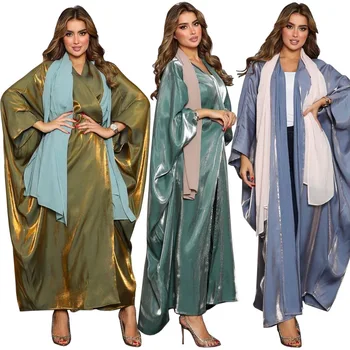 2024 New Muslim Fashion Bright Silk Satin Solid Color Bat Sleeve Robe European and American Plus Size Women's Clothing