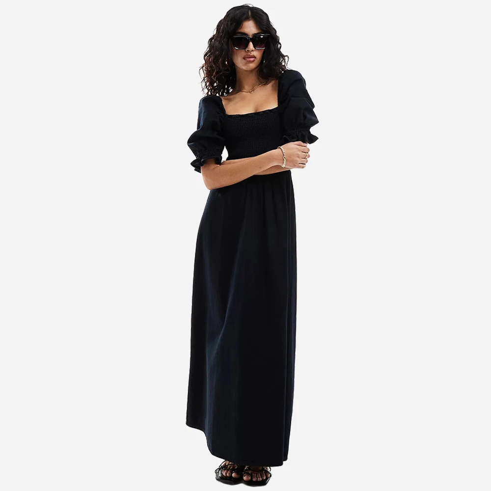 Square Neck Puff Sleeves Shirred Stretch Bodice Sexy Summer Maxi Dress  Ladies