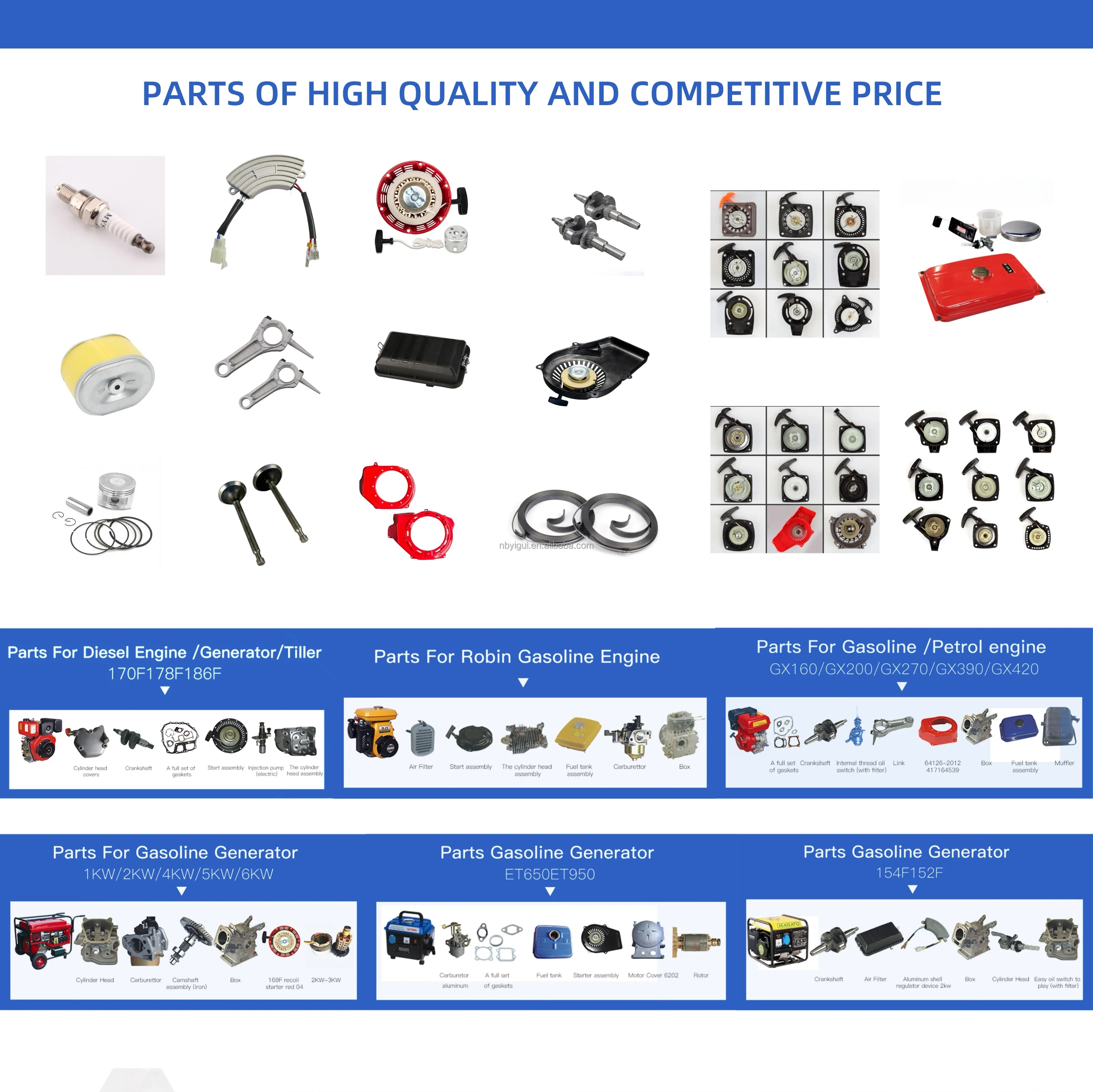 Gasoline  Diesel Generator Spare Parts for 168F, 188F, 190F,   Diesel 186F 190F of Honda and KAMA Parts