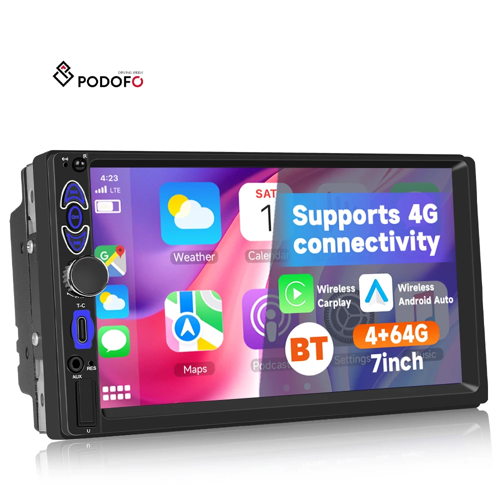 Podofo 7'' 8-Core 4+64GB Android Car Stereo Wireless CarPlay Car Radio With 4G Modem Android Auto WiFi GPS ODM Factory A4305