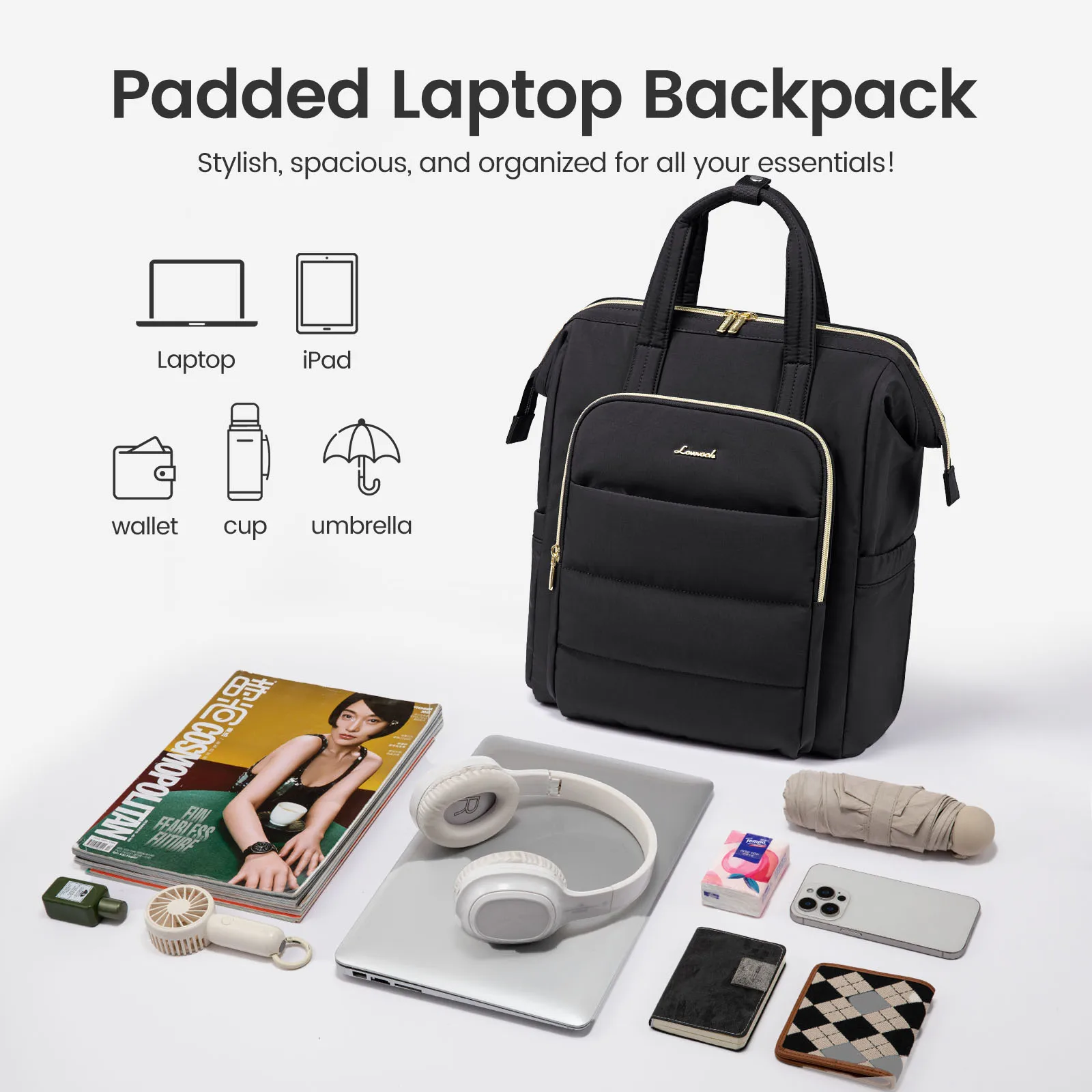 Quilted Puffer Laptop Backpack 15.6 Inch Lightweight Spacious Travel Work CLUCI 17.3 main image 4