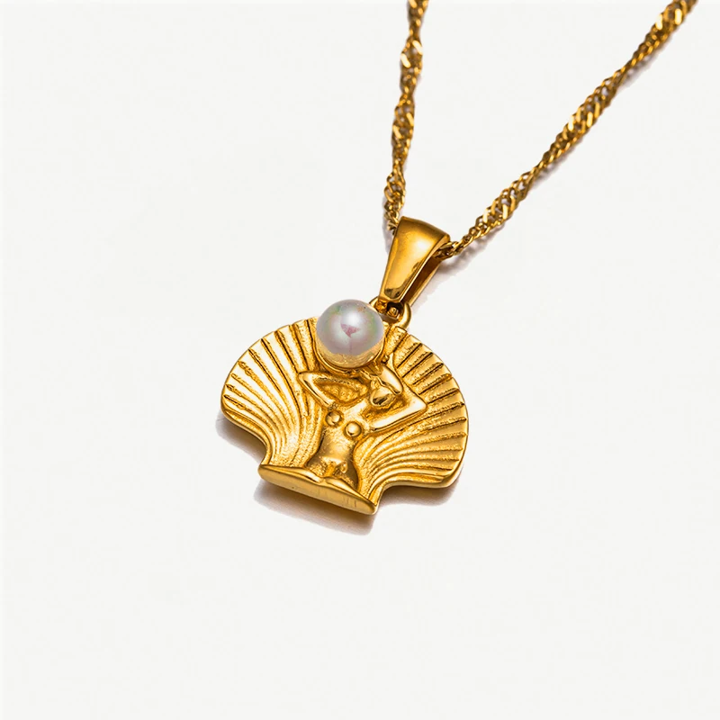 2025 New Arrival Fashion Pendant Chains Necklace Ocean Beach Shell Venus Pearl Charm Stainless Steel with Zircon for Women