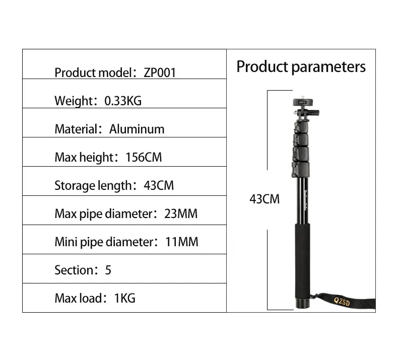 QZSD ZP001 Monopod z hliníkové slitiny 156 cm rozšiřitelný stativový stojan na selfie tyč s otočným klipem na telefon
