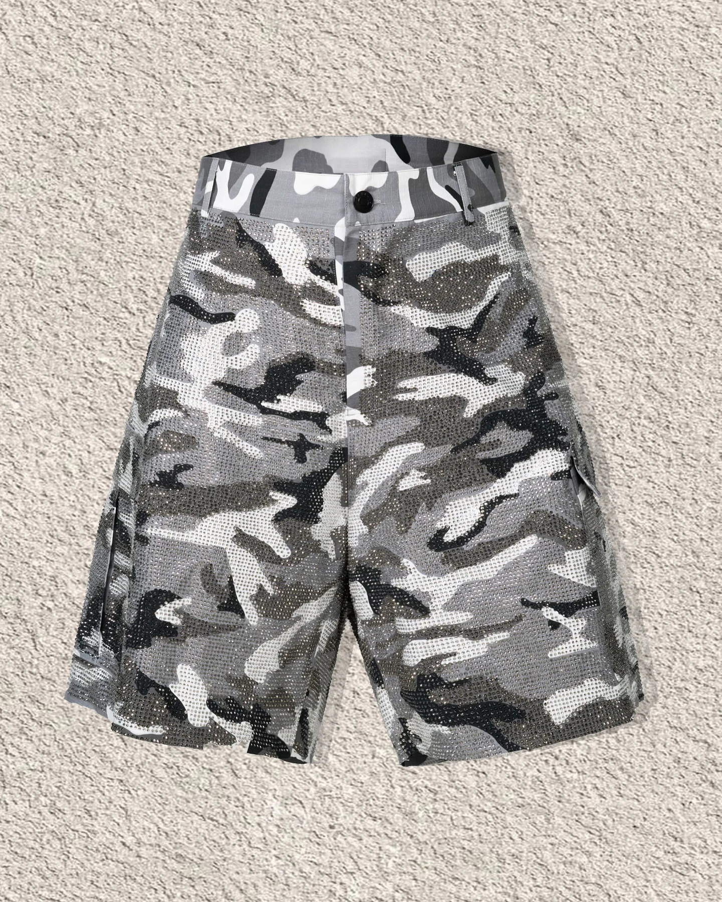 Customized Men's Fashion Crystal Detail Design Worn Raglan Washed Denim Shorts Bermuda Long Loose Fit Music Festival Trends