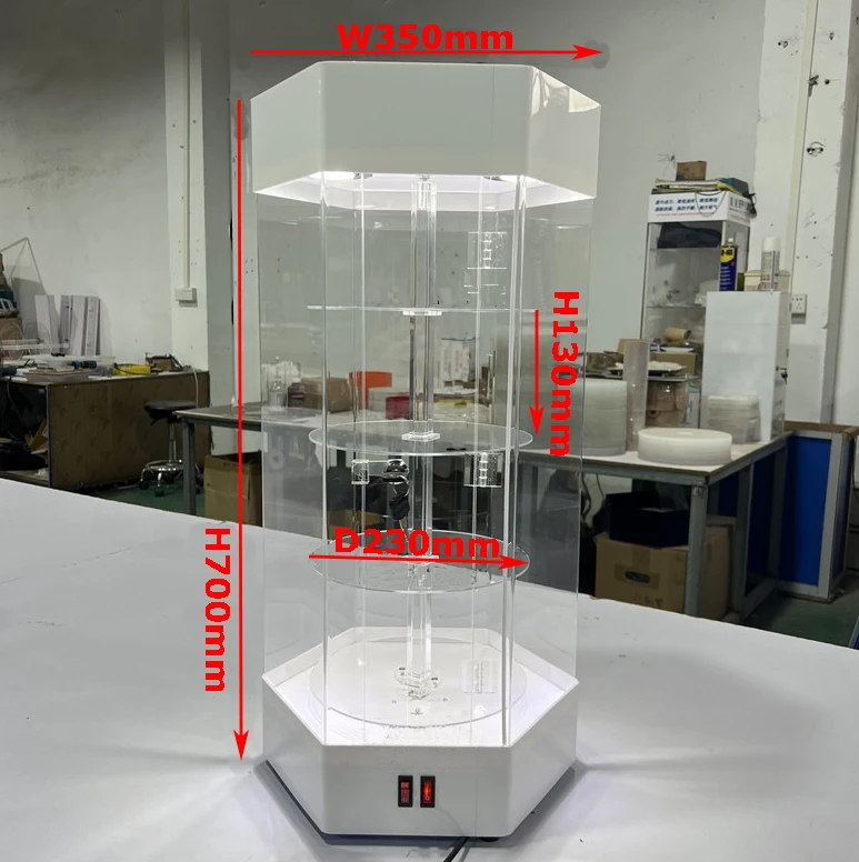 Factory Wholesale Hexagonal Rotating Acrylic Display Cabinet with Round Tiered Shelves,top LED Light System and Lockable Door