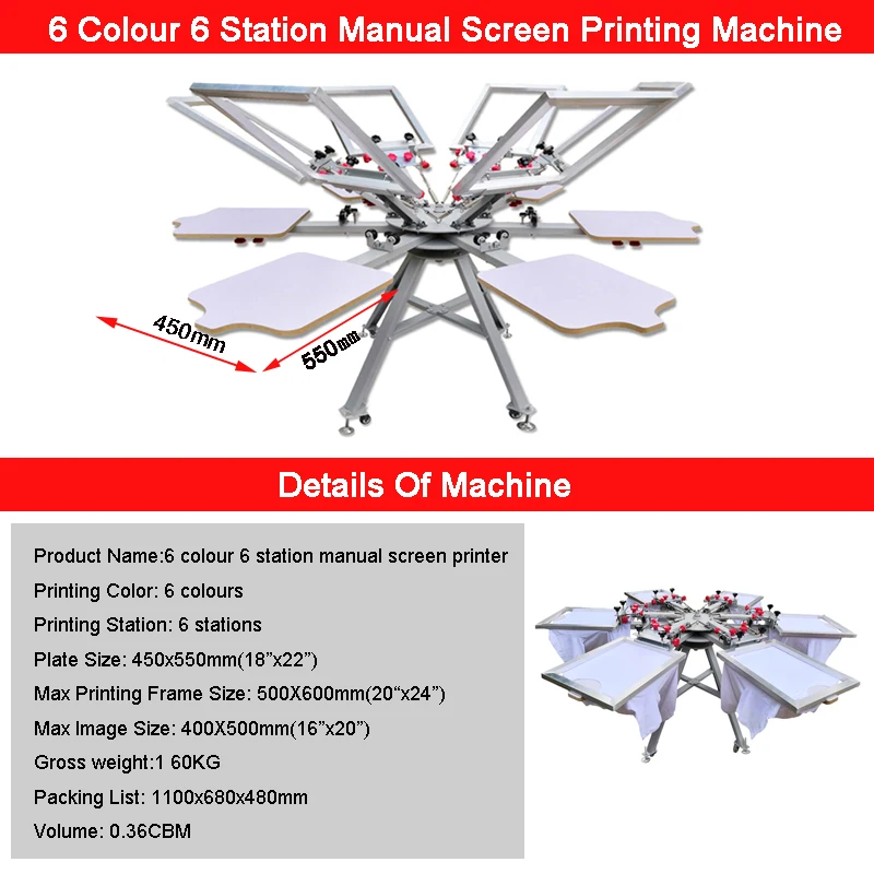 6 Color 6 Station T-Shirts Logo Silk Screen Printer for Sale