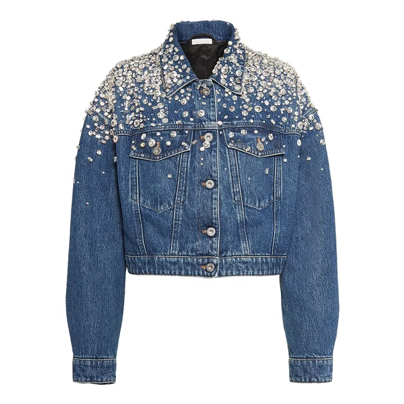 Customizable Beaded Crystal Gems Cotton Denim Jean Jacket Chaqueta De Mujer Women Clothing Sets
