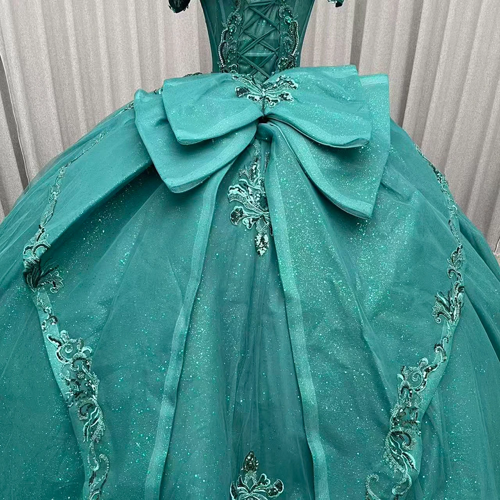 Emerald Green Ball Gown Quinceanera Dress Lace Applique Beads Tulle Corset  Plus Size 15 Vestidos Pearl Flower Evening Dresses