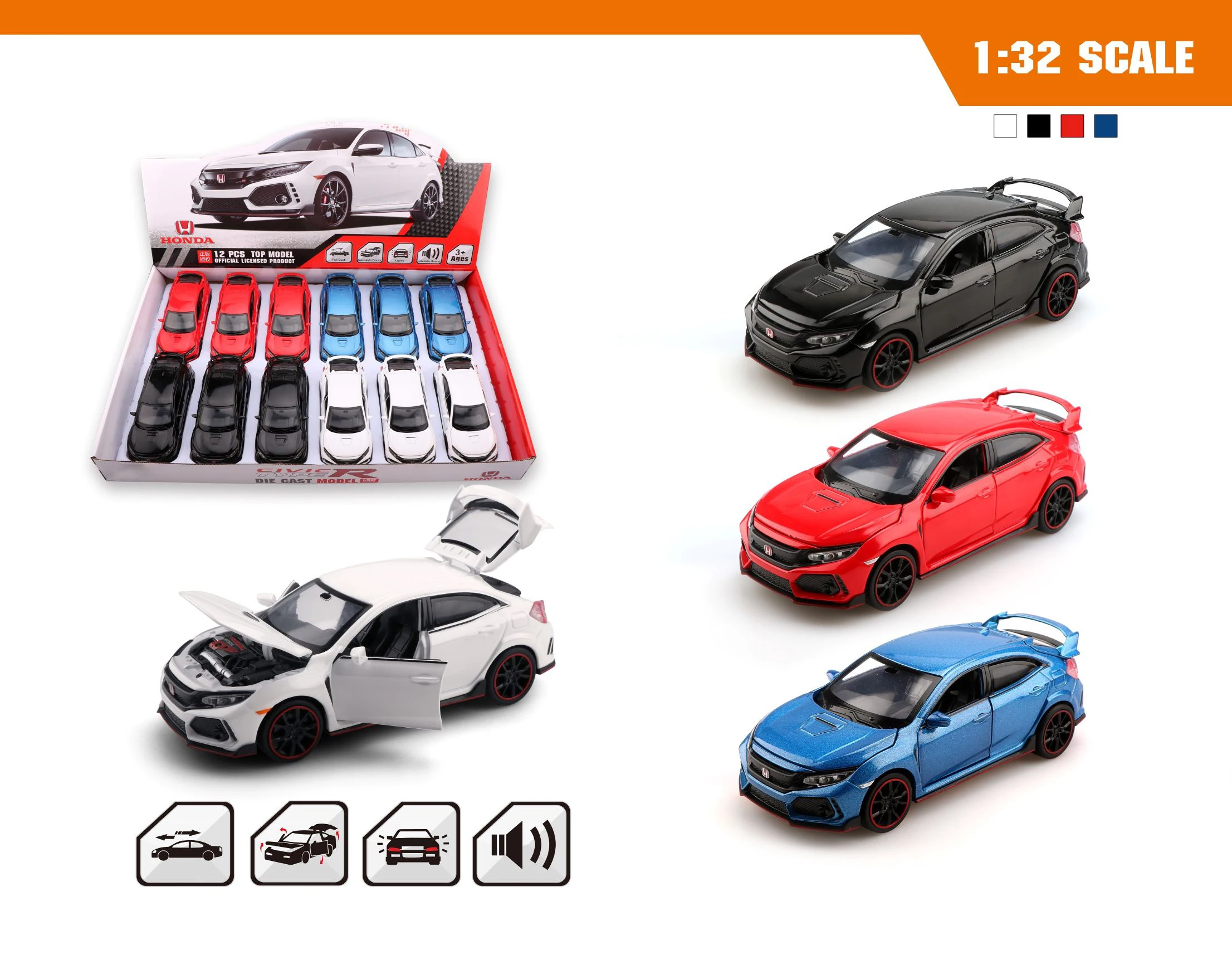 132 Civic Type R 4 Color Mix Sound And Light Pull Back Metal Car