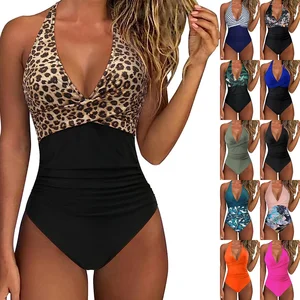 Women's One - Piece Swimsuit Leopard Print & Solid Color Patchwork Deep V Neck Bathing Suit
