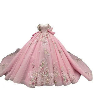 For Jancember MCD02 Princess Pink Off-Shoulder Ball Gown Floor-Length Lace Decoration Chapel Train Bow for Quinceanera 15th