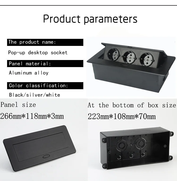 Three EU standard power socket information boxes are hidden with built-in black silver slow ejection meeting desktop socket
