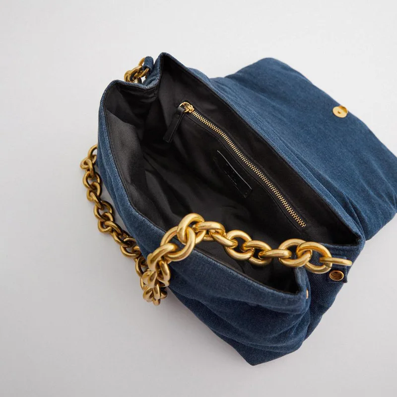 ZARA BLUE QUILTED DENIM SHOULDER BAG CHUNKY GOLDEN METAL CHAIN