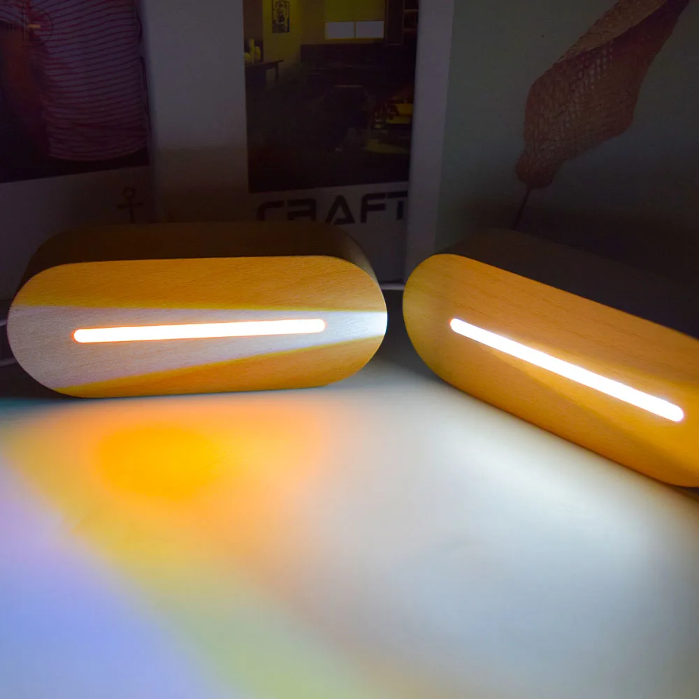 Oval Wood Base USB Wood LED Light Lamp Base 3D Night Light Base For Acrylic