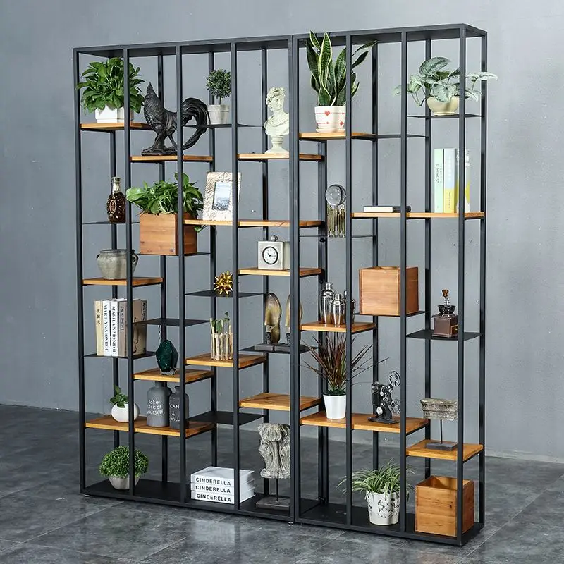Living Room Furniture Bookshelf Partition Wooden Storage Racks Iron