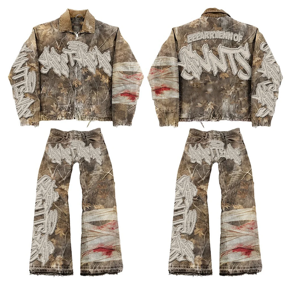 Tagagawa ng Pasadyang Embroidery Patch Logo, Sira-sira, Camouflage Camo na Denim Canvas Jacket at Cargo Pants para sa Lalaki