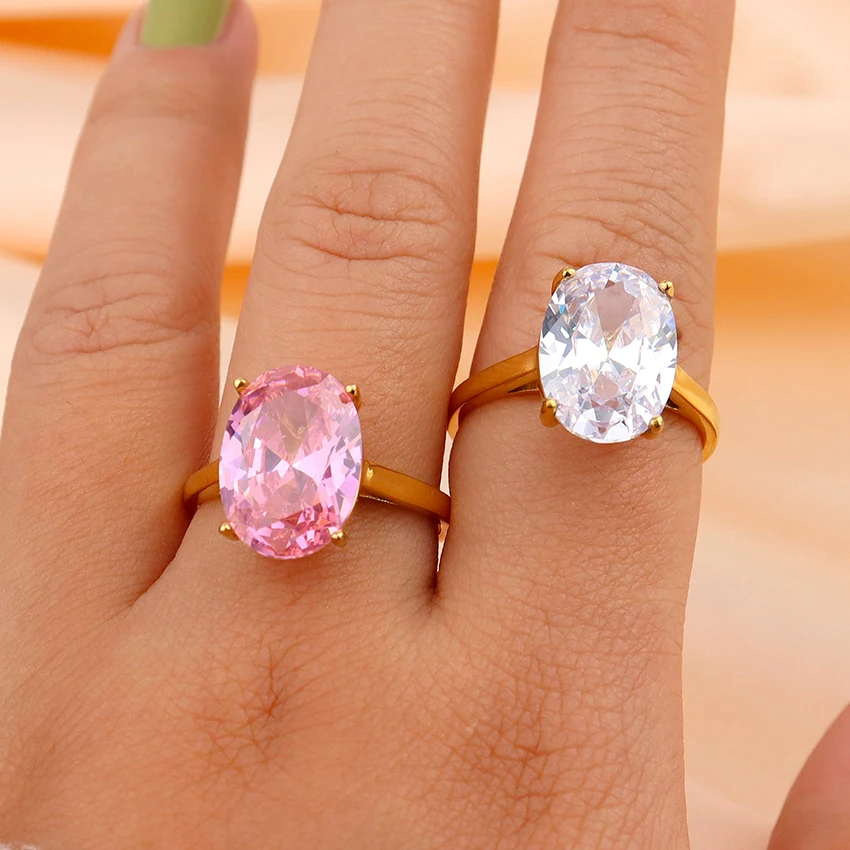 Hypoallergenic Non Tarnish Waterproof Jewelry Single Pink Oval Diamond Ring  Big Stone Ring Designs for Women - Main Image