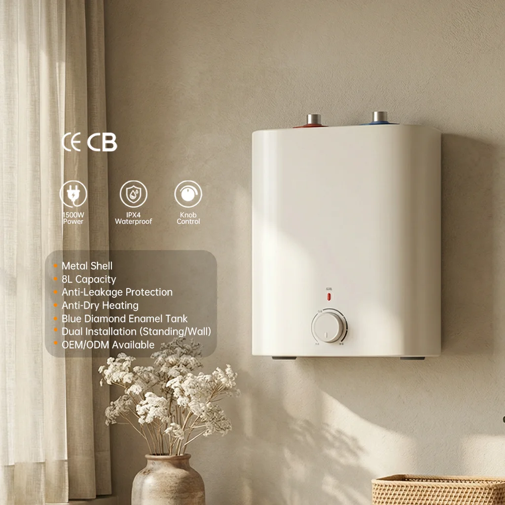 1500W 8L/10L Metal Enamel Inner Tank Class Energy Efficient Freestanding Electric Water Heater Mini Knob Control for Home