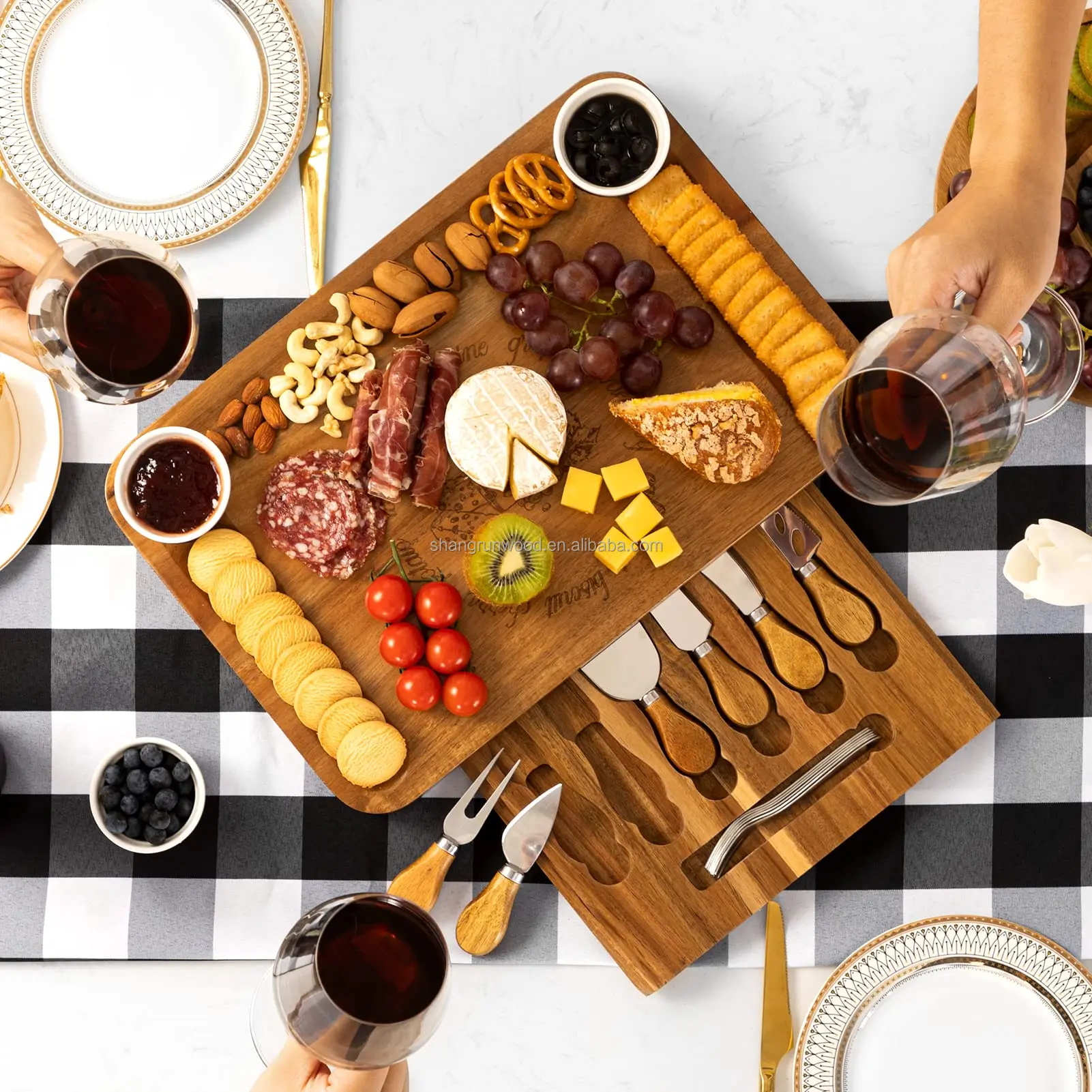 Acacia Wood Cheese Board Knife Set Extra Large Charcuterie Boards Set ...