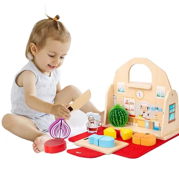 Children's portable kitchen early education educational simulation cut cut music wooden vegetables and fruits over home toys