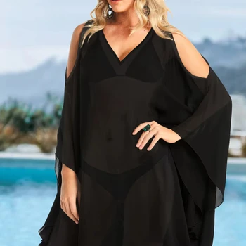 Modern Romantic Women's Swimsuit See Though Kaftan for Bathing Suit with Floral Pattern Beach Cover up