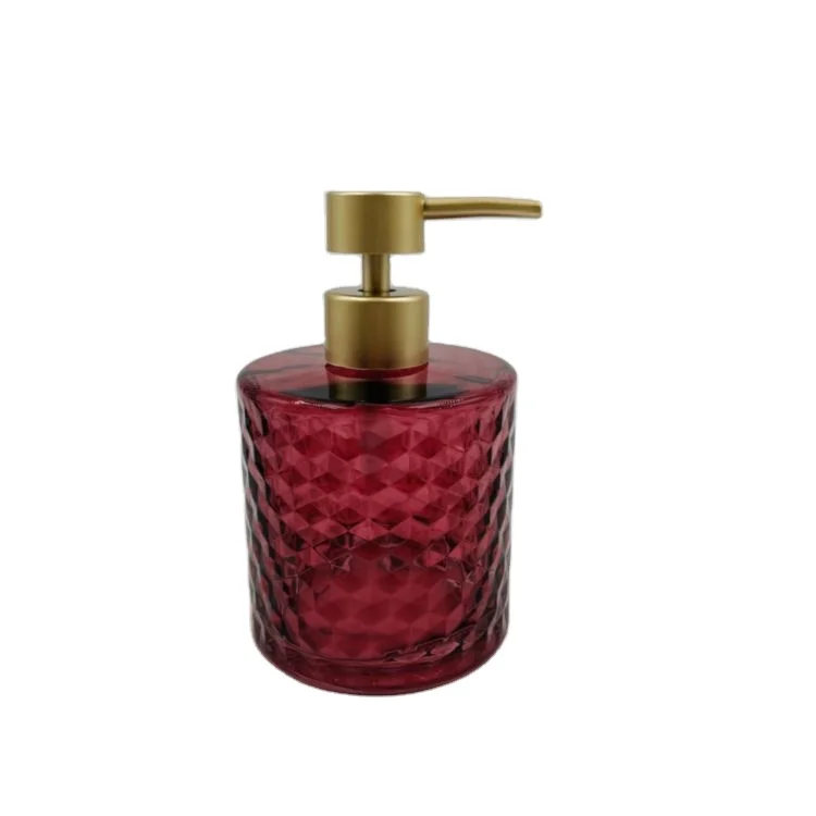 3pcs round Shape Rose Red with Diamond Pattern Glass Soap Dispenser Bathroom Accessory Set