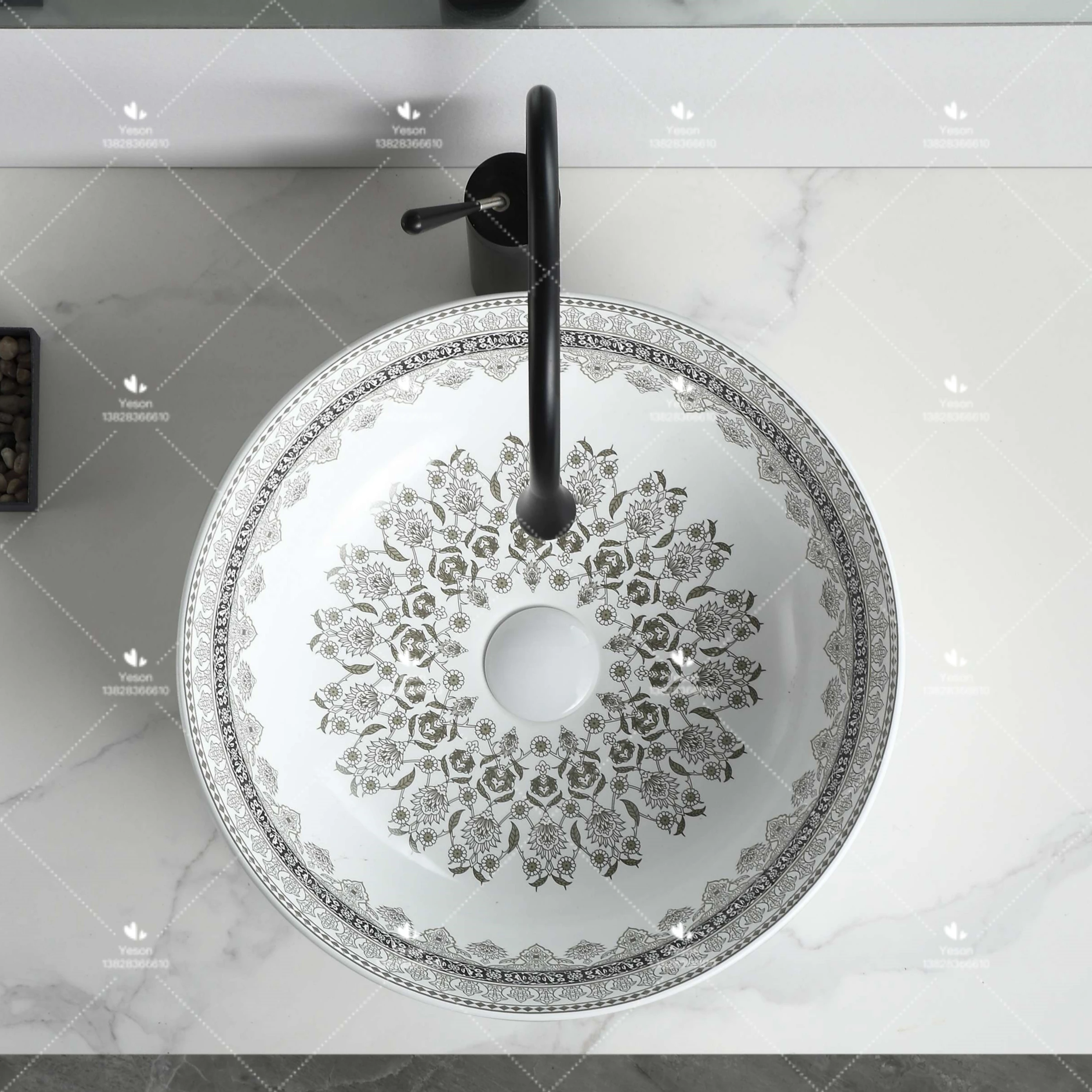 Luxury Design Round Gray Flower Pattern Porcelain Handmade Wash Basin Bathroom Ceramic Countertop Art Sink for Hotel