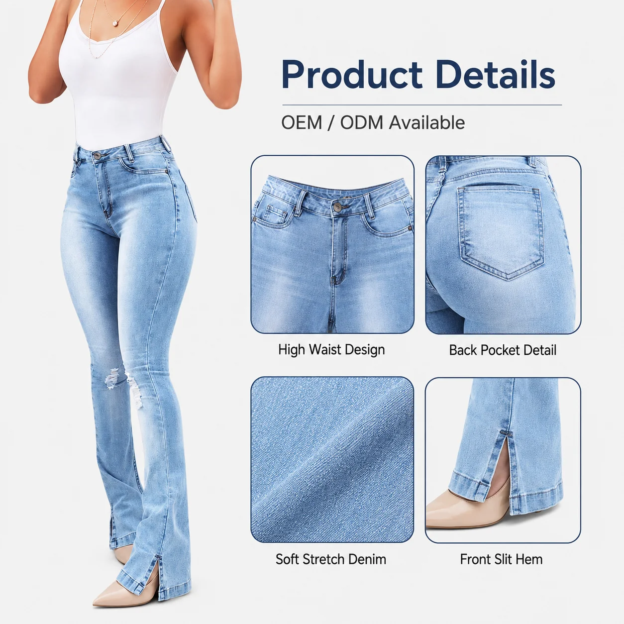Ladies High Waist Wide Leg Raw Denim Trousers Pants Sexy Slim Skinny Fit Baggy Women's Jeans with Ripped Look