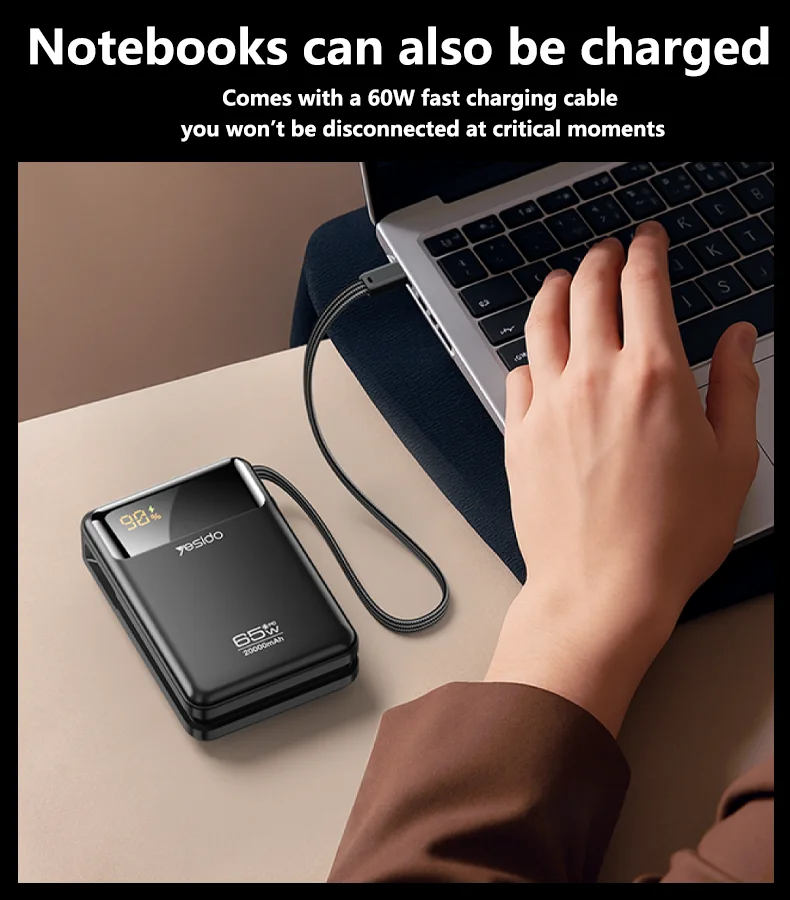 Yesido 20000mAh PD65W Fast Charging Digital Display With 40cm Long Type-C Cable Power Bank Rechargeable Notebook YP97