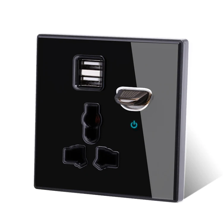 13a Universal Power Socket With Usb Wall Outlet With Led Black Glass Uk
