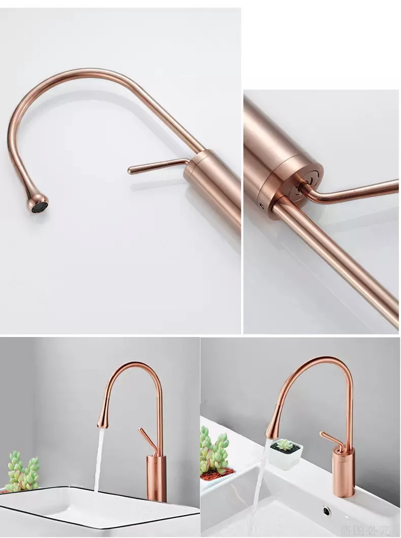 Modern Rose Gold Single Hole Single Handle  Ceramic Valve Core Unlacquered Brass Basin Faucet Lavatory Hot and Cold Mixer Taps