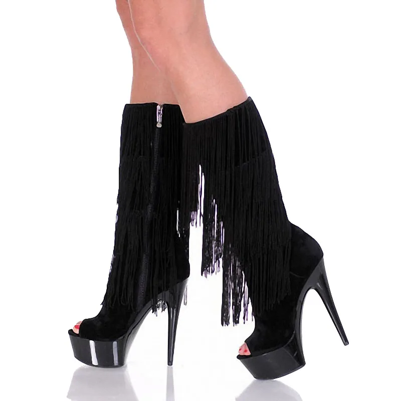 New Womens High Heel Platform Tassel Shoes Patent Leather Knee High Boots Pumps