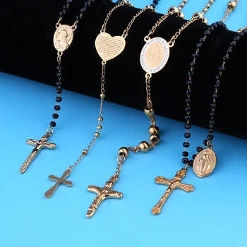Religious Stainless Steel Jewelry Catholic Islamic Muslim Rosaries Cross Pendant Prayer Beads Chain Gold Plated Rosary Necklaces