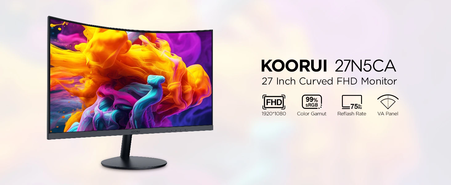 KOORUI 27N5CA 27Inch Curved Black Computer Monitor FHD 1080P 75Hz