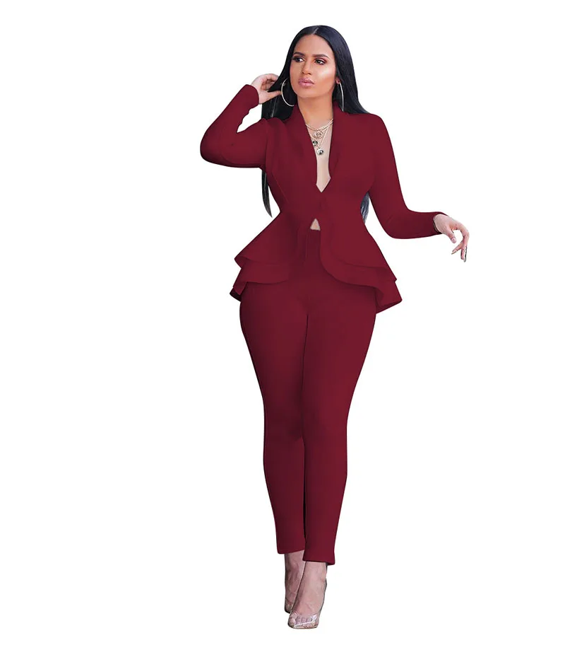 Fall Winter Women Uniform Set Full Sleeve Ruffles Blazers Pencil Pants Suit Two Piece Set Office Lady Outfits